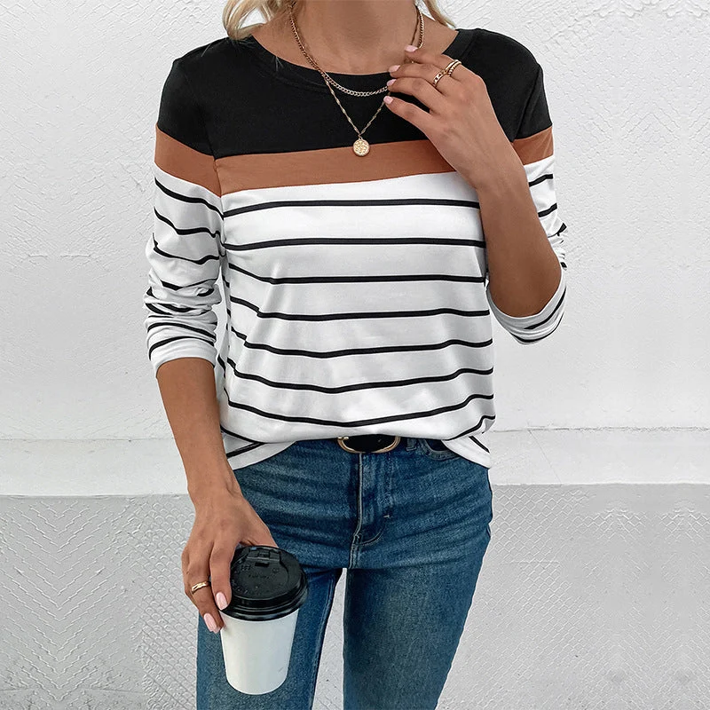 Damen Gestreiftes Langarmshirt mit Colorblock-Detail und Rundhalsausschnitt Nord Taschen