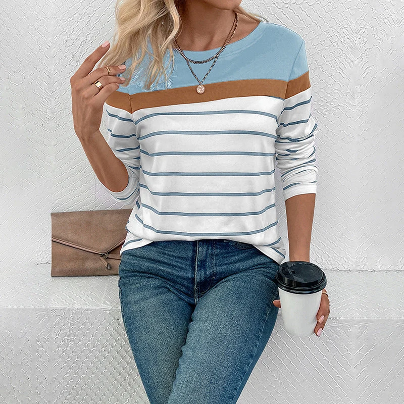 Damen Gestreiftes Langarmshirt mit Colorblock-Detail und Rundhalsausschnitt Nord Taschen