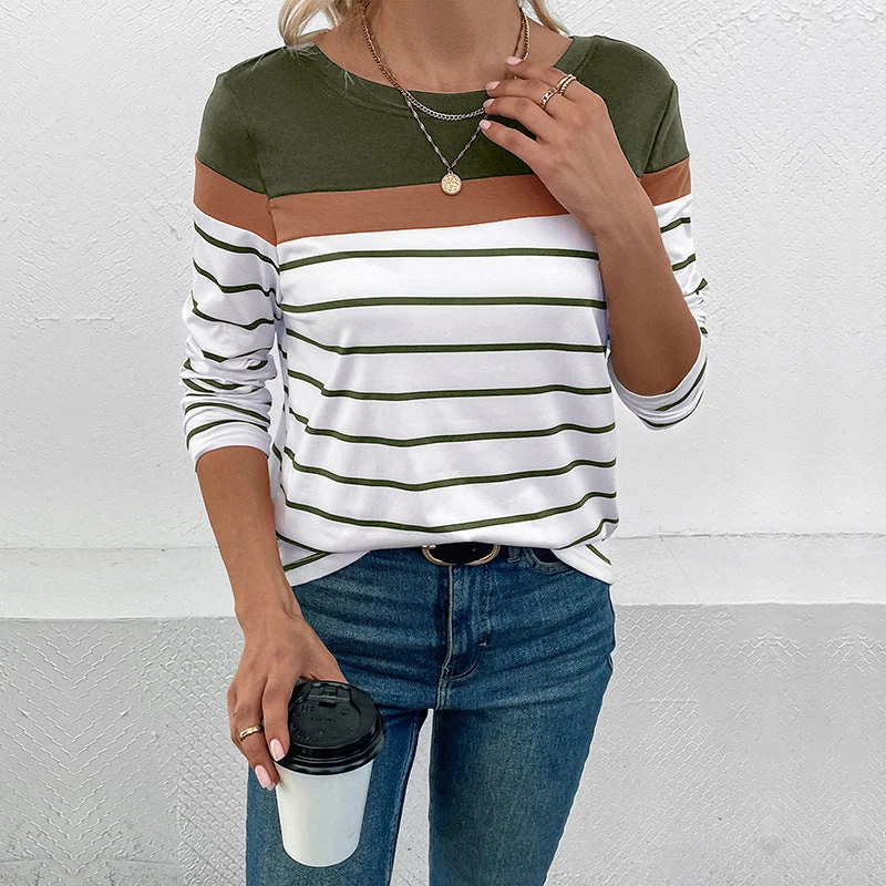 Damen Gestreiftes Langarmshirt mit Colorblock-Detail und Rundhalsausschnitt Nord Taschen