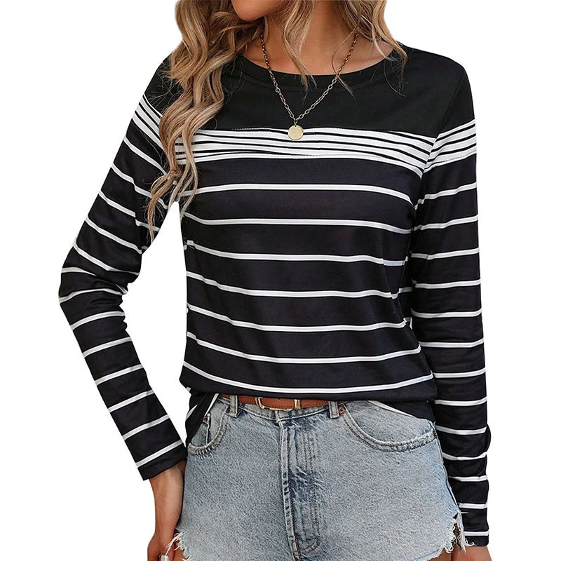 Damen Gestreiftes Langarmshirt mit Rundhalsausschnitt und kontrastiertem Yoke Nord Taschen