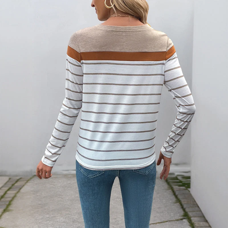 Damen Gestreiftes Langarmshirt mit U-Boot-Ausschnitt und Farbblock-Schulter Nord Taschen