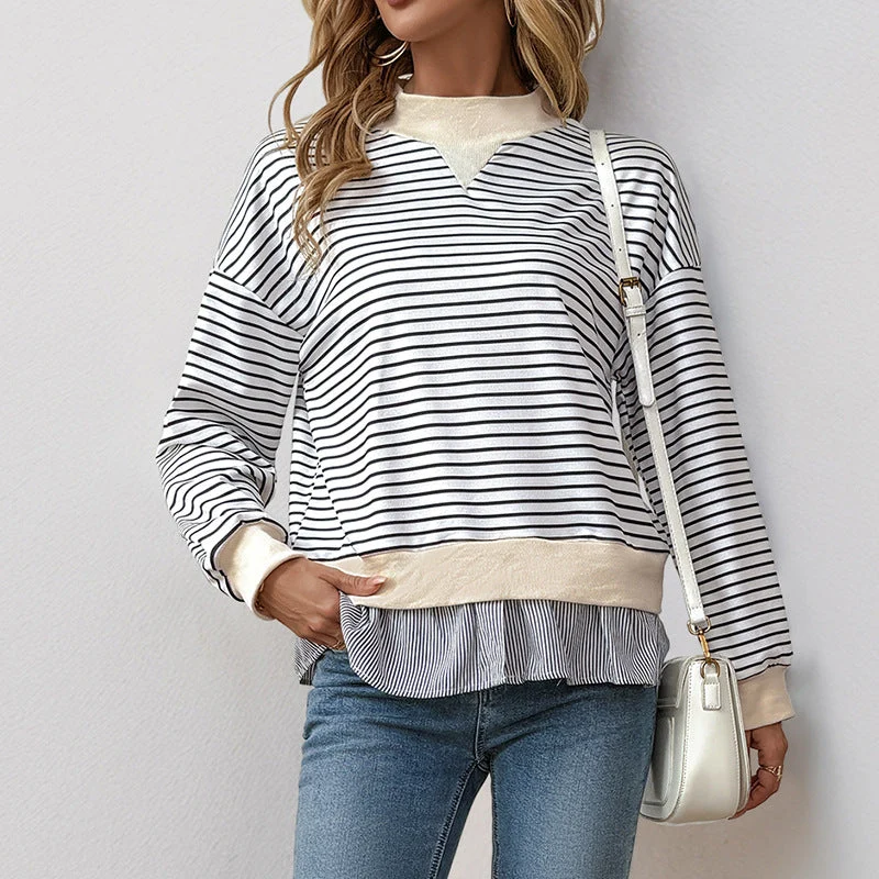 Damen Gestreiftes Layering-Sweatshirt mit Chiffon‑Einsatz und kontrastierendem Stehkragen Nord Taschen