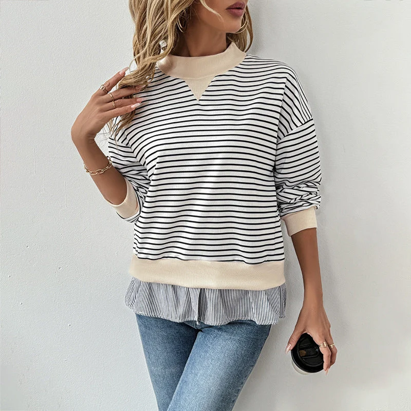 Damen Gestreiftes Layering-Sweatshirt mit Chiffon‑Einsatz und kontrastierendem Stehkragen Nord Taschen