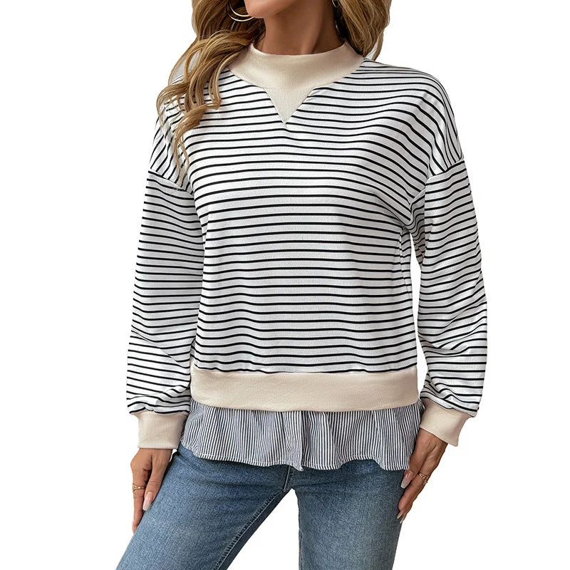 Damen Gestreiftes Layering-Sweatshirt mit Chiffon‑Einsatz und kontrastierendem Stehkragen Nord Taschen