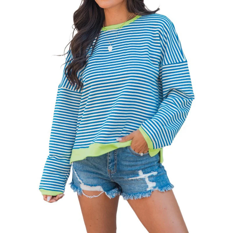 Damen Gestreiftes Oversize-Longsleeve-Sweatshirt mit kontrastiertem Saum und überschnittener Schulter Nord Taschen