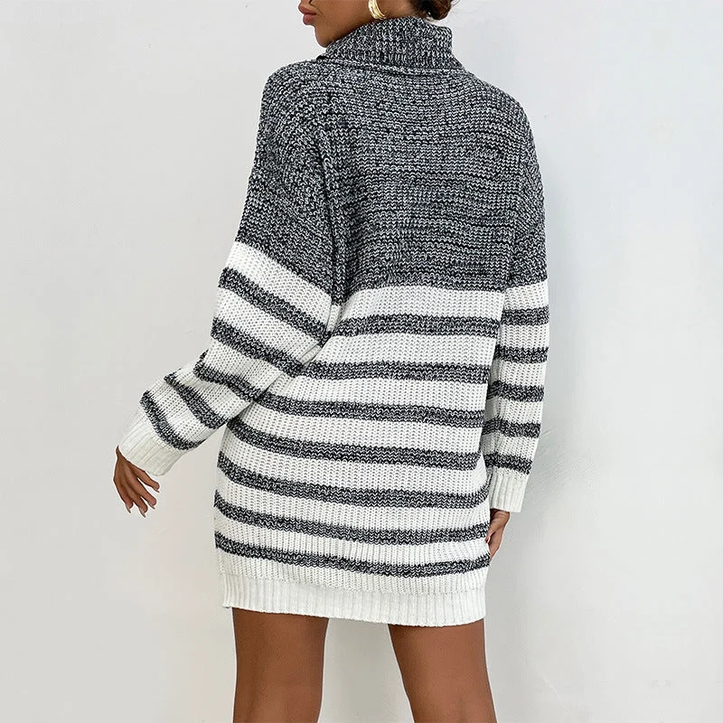 Damen Gestreiftes Rollkragen-Strickkleid mit taillierter Silhouette Nord Taschen