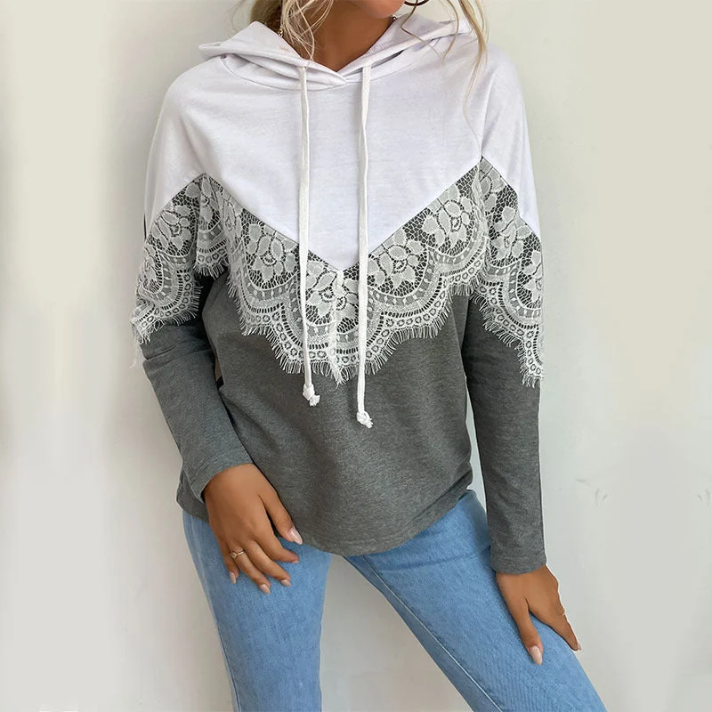 Damen Kapuzenpullover mit Spitzenbesatz und V‑Einsatz Nord Taschen