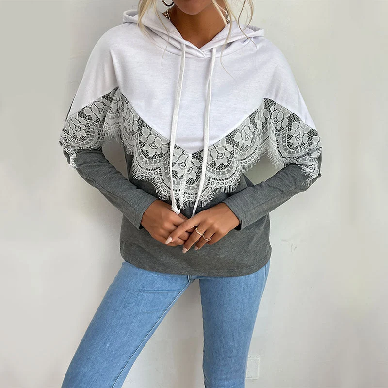 Damen Kapuzenpullover mit Spitzenbesatz und V‑Einsatz Nord Taschen