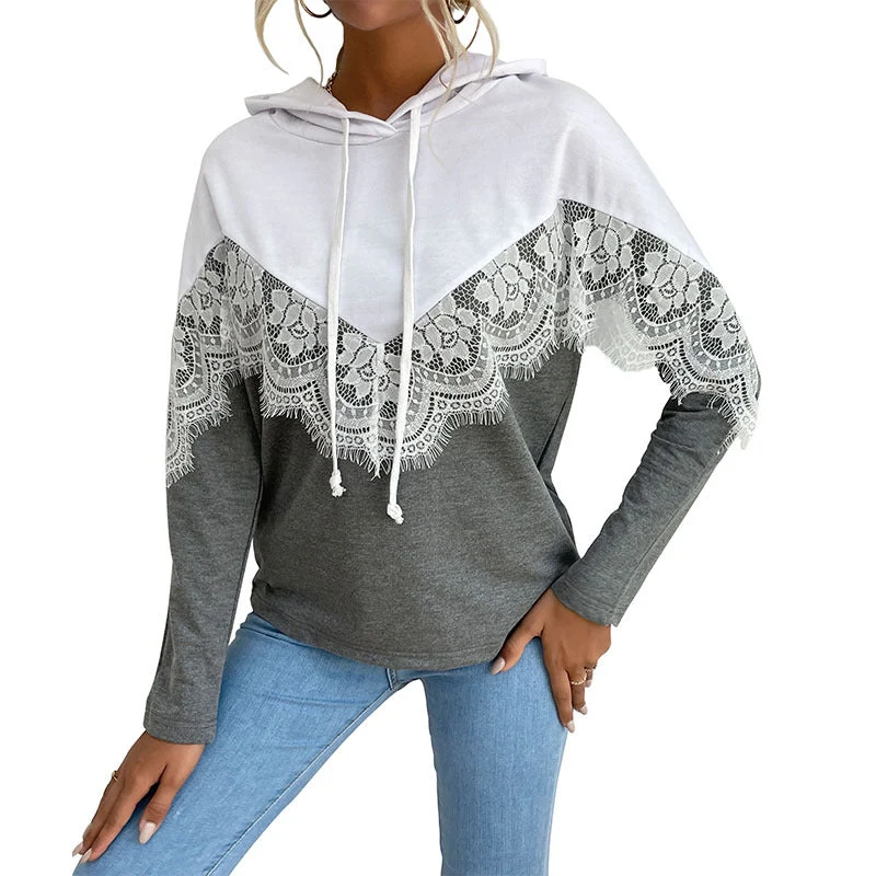 Damen Kapuzenpullover mit Spitzenbesatz und V‑Einsatz Nord Taschen