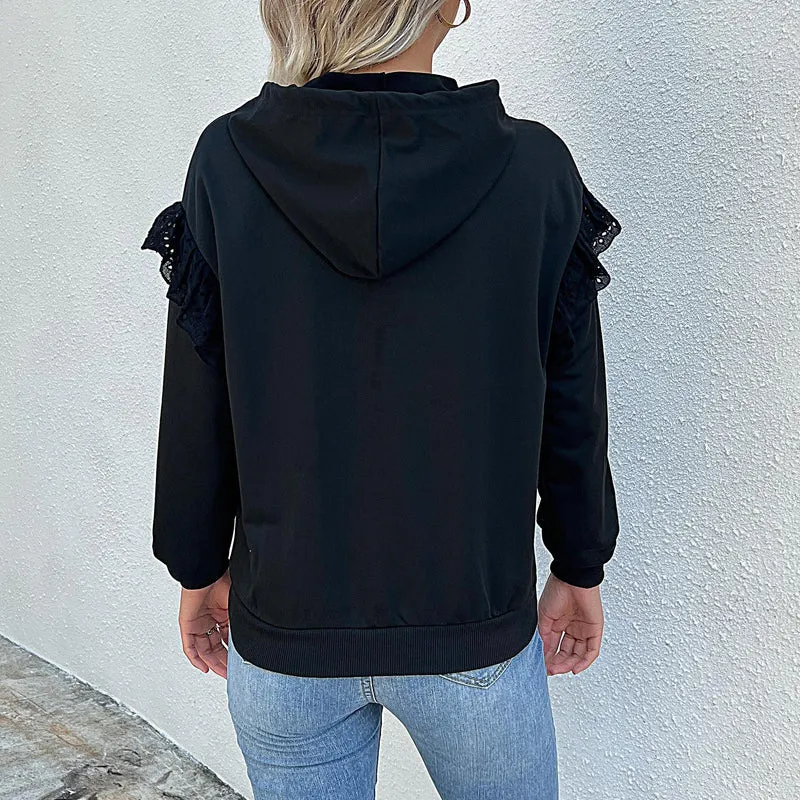 Damen Kapuzenpullover mit Spitzenvolants an den Schultern Nord Taschen