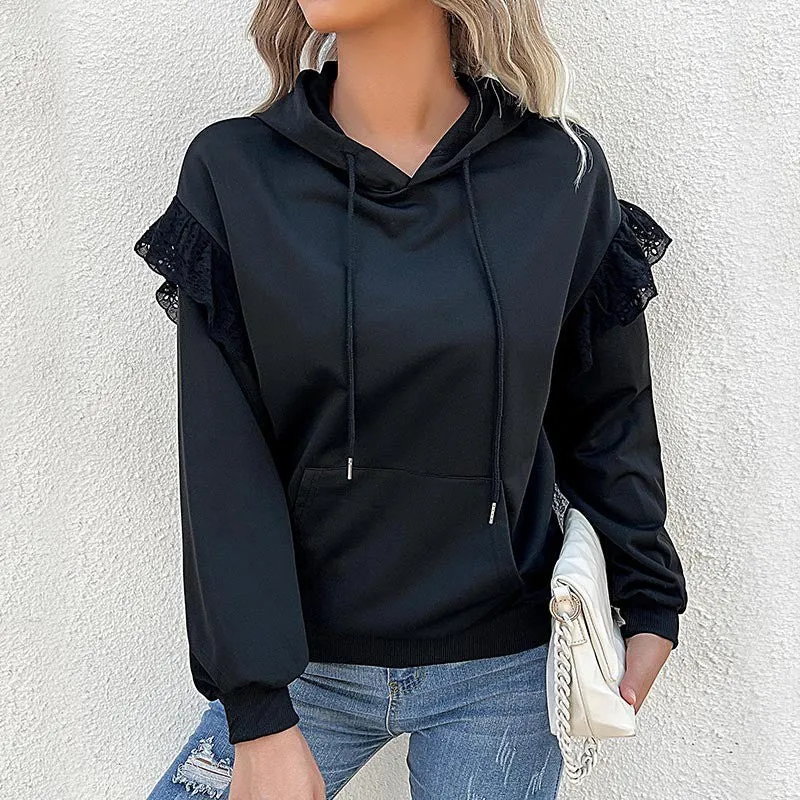 Damen Kapuzenpullover mit Spitzenvolants an den Schultern Nord Taschen