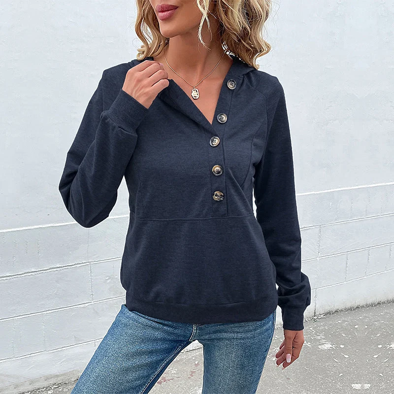 Damen Kapuzenpullover mit Zierknopfleiste, Raglanärmeln und Kängurutasche Nord Taschen