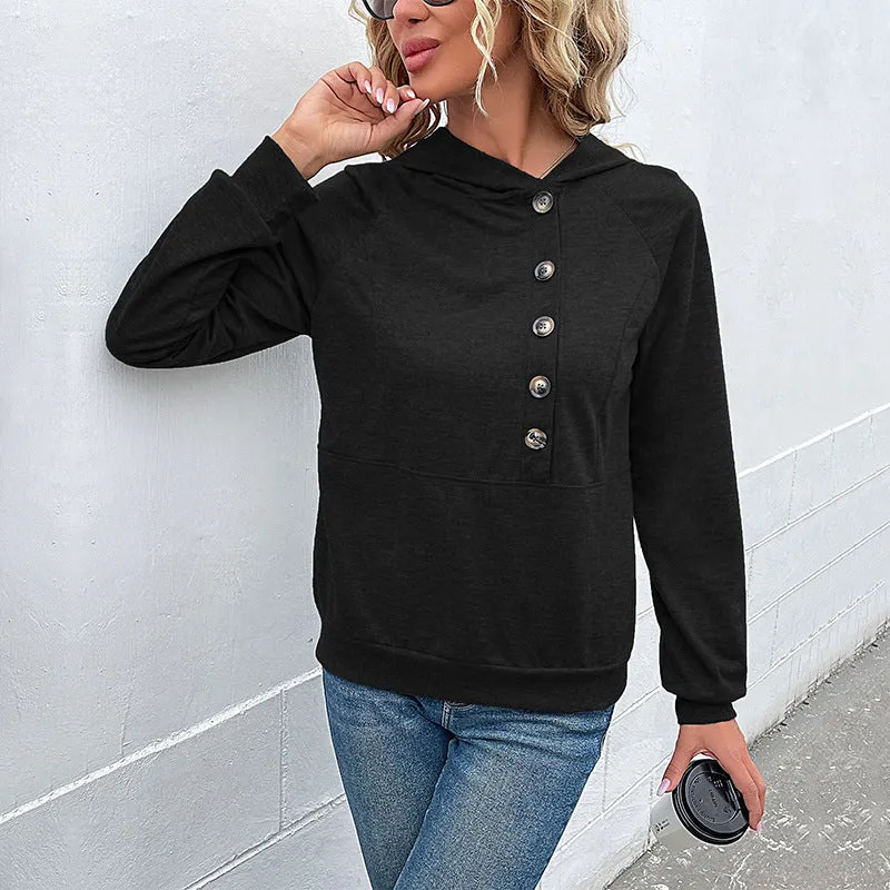 Damen Kapuzenpullover mit Zierknopfleiste, Raglanärmeln und Kängurutasche Nord Taschen
