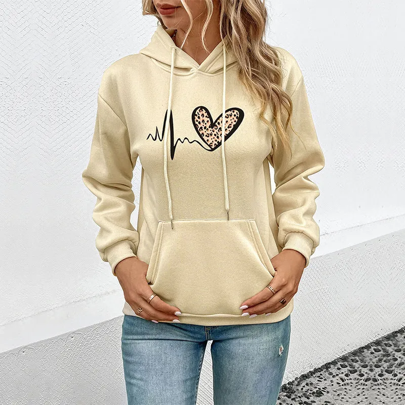 Damen Kapuzensweatshirt mit Leoparden‑Herz‑Print und Kängurutasche Nord Taschen