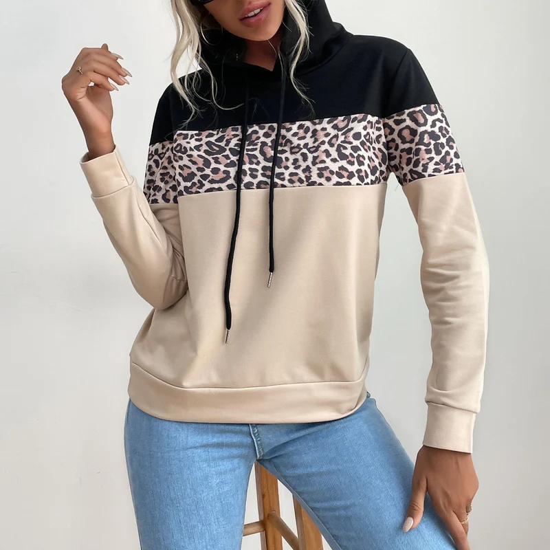 Damen Kapuzensweatshirt mit Leoprint-Besatz und Kängurutasche Nord Taschen