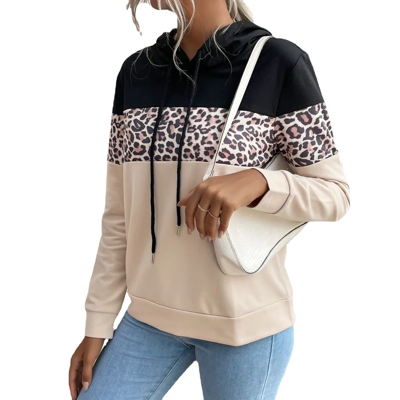 Damen Kapuzensweatshirt mit Leoprint-Besatz und Kängurutasche Nord Taschen