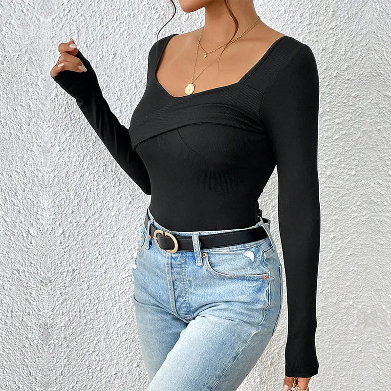 Damen Tailliertes Rippshirt mit quadratischem Dekolleté und Überlappungsdetail Nord Taschen