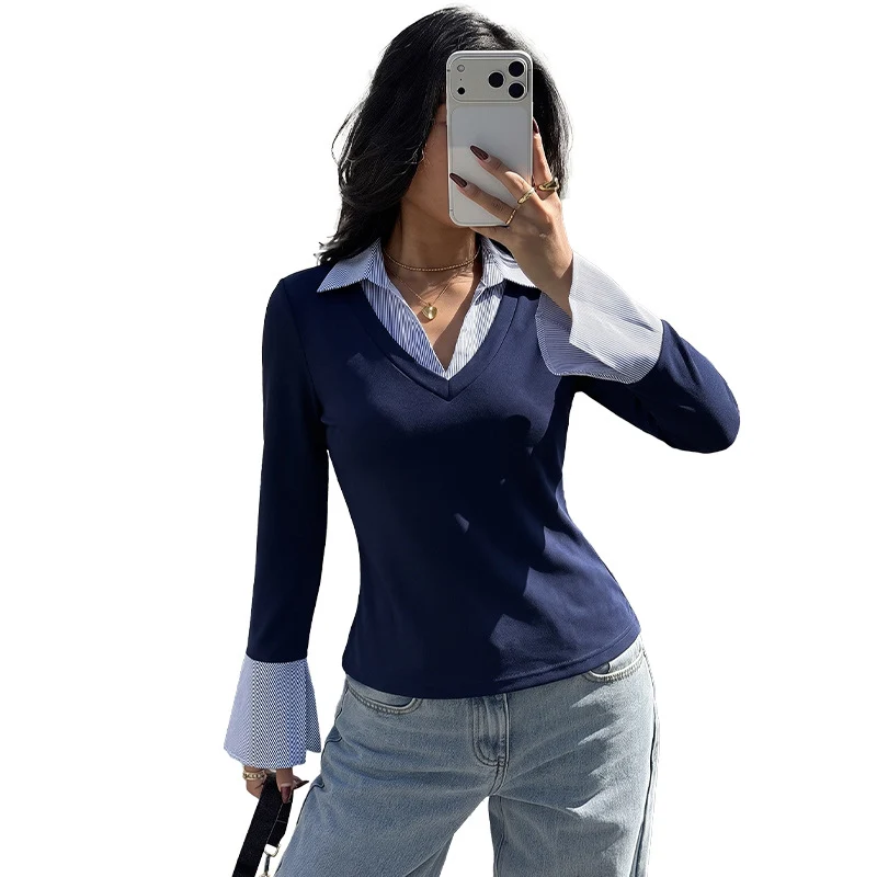 Damen Tailliertes Layering-Langarmshirt mit Hemdblusenkragen und ausgestellten Manschetten Nord Taschen