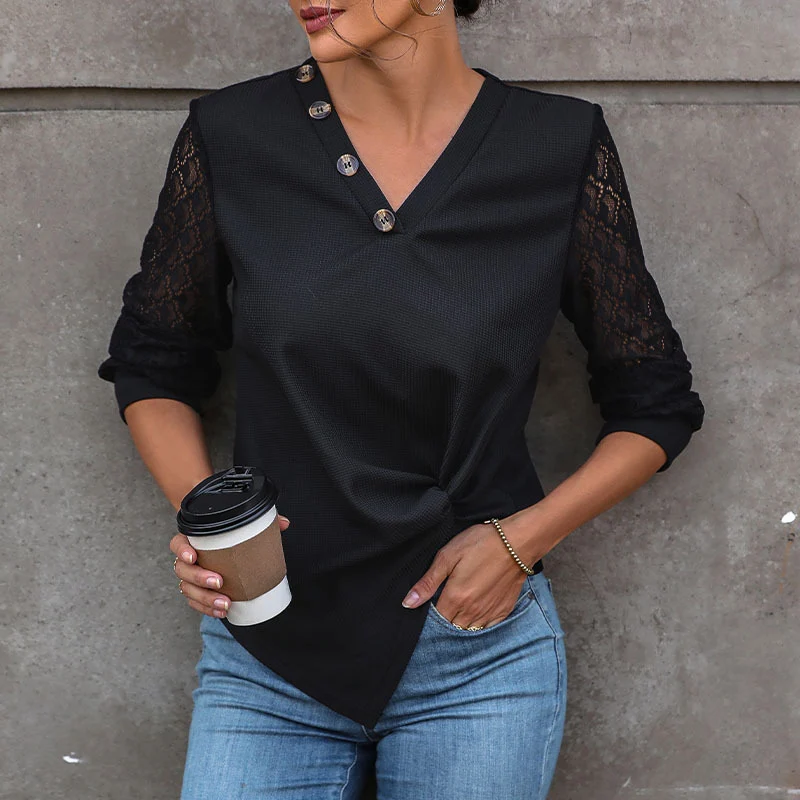 Damen Tailliertes Langarmshirt mit Spitzenärmeln, V‑Ausschnitt und Knotenfront Nord Taschen