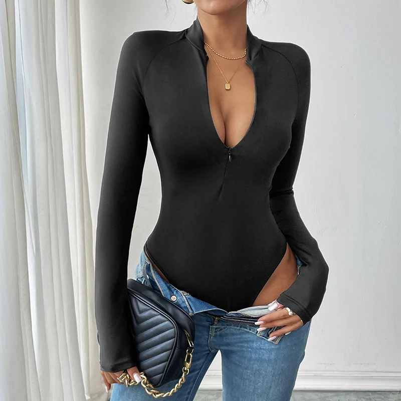 Damen Tailliertes Langarmshirt mit kurzem Reißverschluss und Stehkragen Nord Taschen