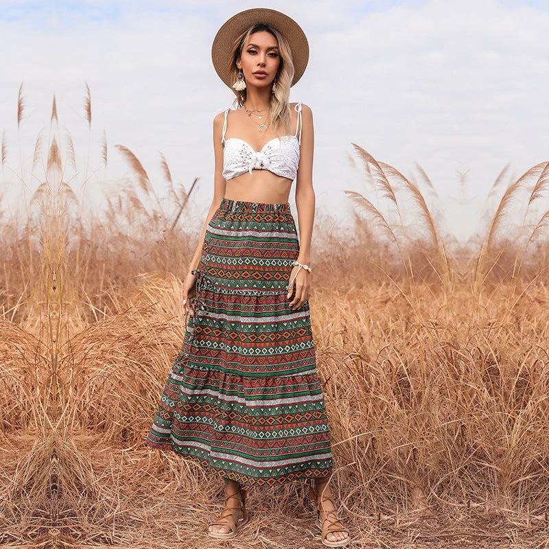 Damen Langer Boho-Maxirock mit Ethno-Print und seitlichen Bindebändern Nord Taschen
