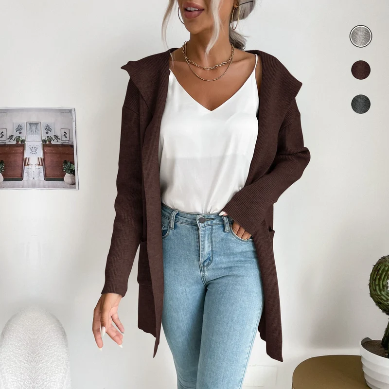 Damen Langer gerippter Cocoon-Cardigan aus leichtem Feinstrick mit Eingrifftaschen Nord Taschen