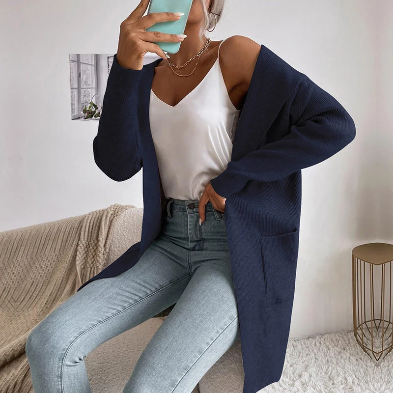 Damen Langer gerippter Cocoon-Cardigan aus leichtem Feinstrick mit Eingrifftaschen Nord Taschen