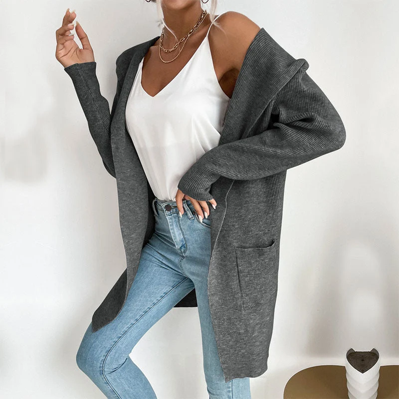 Damen Langer gerippter Cocoon-Cardigan aus leichtem Feinstrick mit Eingrifftaschen Nord Taschen