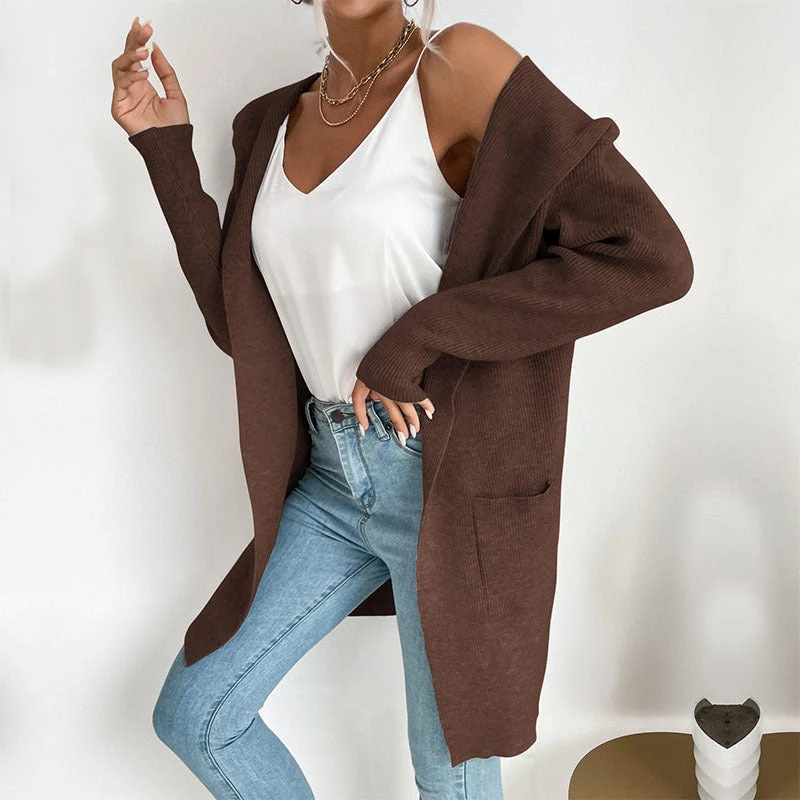 Damen Langer gerippter Cocoon-Cardigan aus leichtem Feinstrick mit Eingrifftaschen Nord Taschen