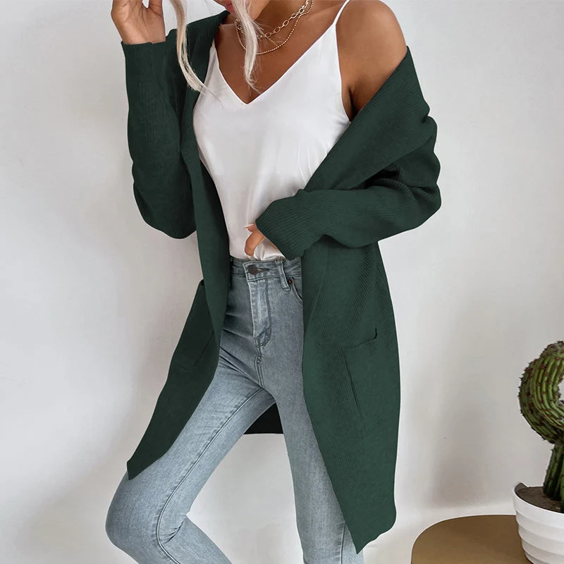 Damen Langer gerippter Cocoon-Cardigan aus leichtem Feinstrick mit Eingrifftaschen Nord Taschen