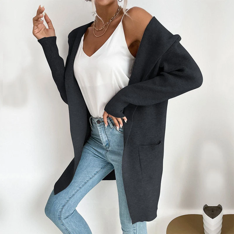 Damen Langer gerippter Cocoon-Cardigan aus leichtem Feinstrick mit Eingrifftaschen Nord Taschen