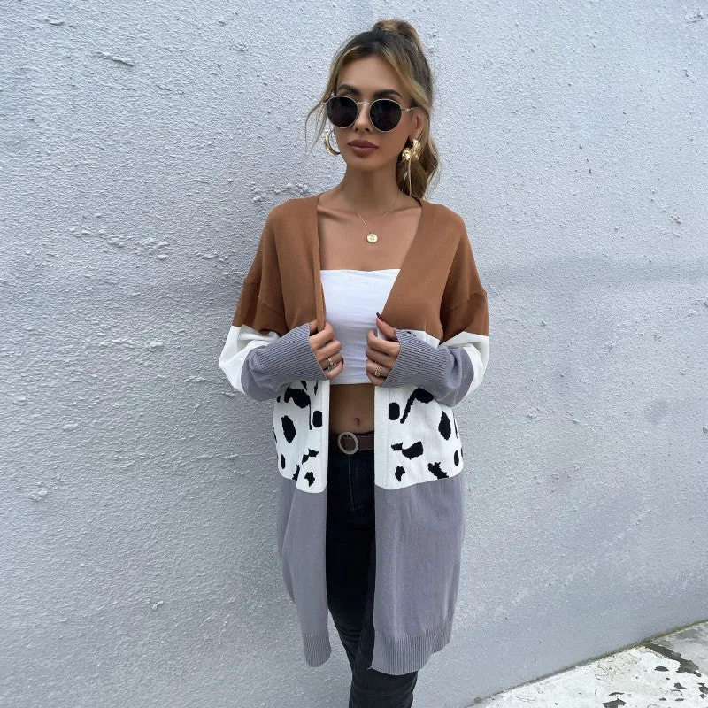 Damen Langer Offener Cardigan mit Colorblock und Dalmatiner-Jacquard Nord Taschen