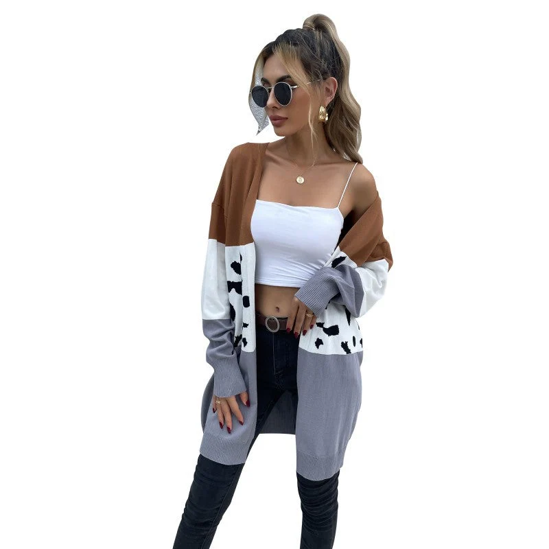 Damen Langer Offener Cardigan mit Colorblock und Dalmatiner-Jacquard Nord Taschen