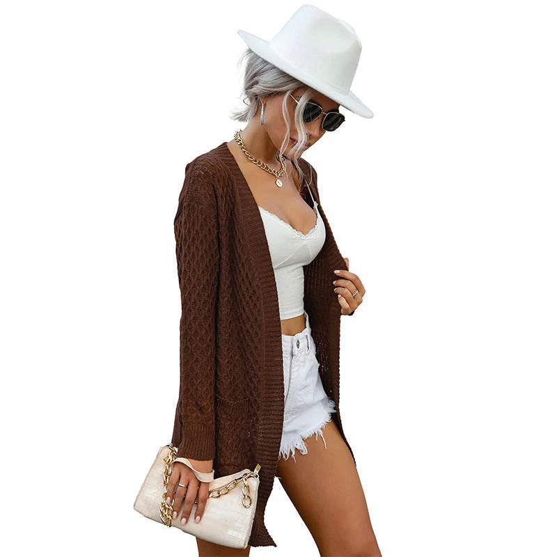 Damen Langer Offener Strickcardigan mit Ajour- und Zopfmuster, Eingrifftaschen und Relaxed‑Fit Nord Taschen