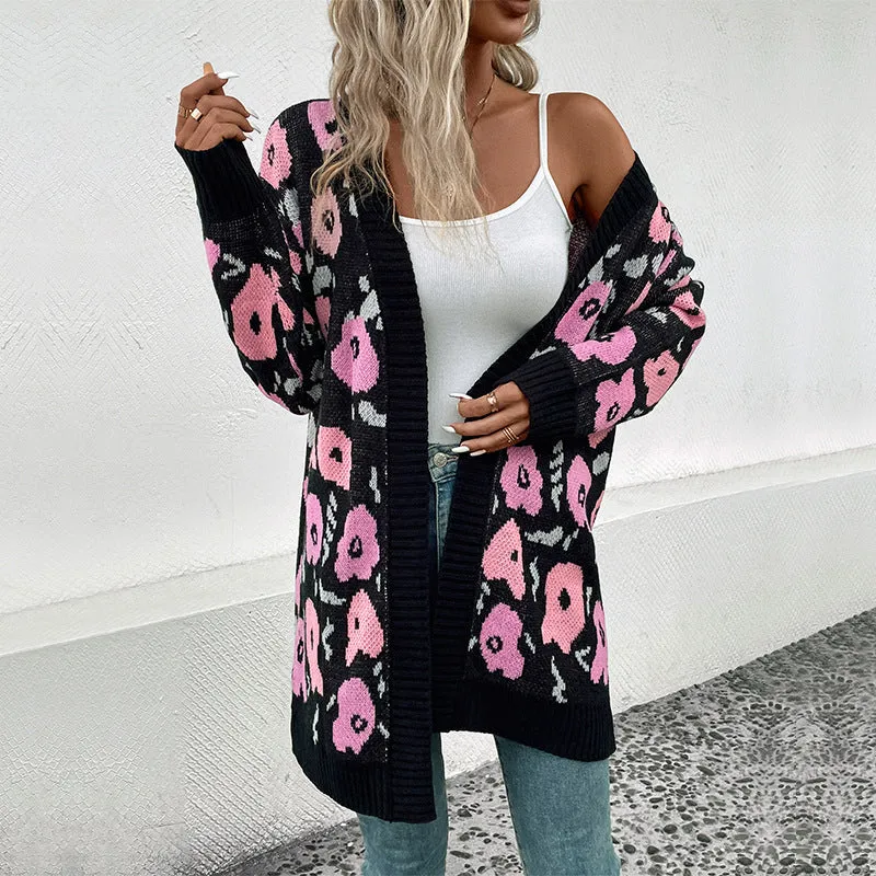 Damen Langer offener Strickcardigan mit Leo-Jacquardmuster und gerippten Säumen Nord Taschen