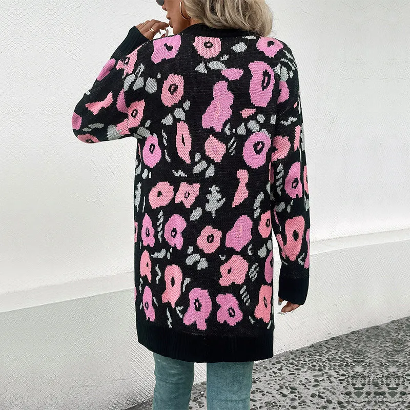 Damen Langer offener Strickcardigan mit Leo-Jacquardmuster und gerippten Säumen Nord Taschen