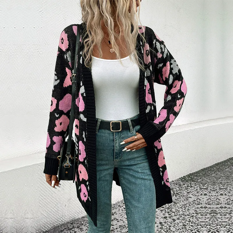 Damen Langer offener Strickcardigan mit Leo-Jacquardmuster und gerippten Säumen Nord Taschen