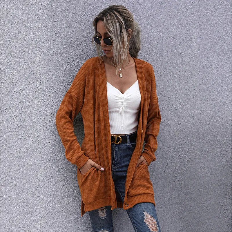 Damen Langer Oversize Strickcardigan mit Strukturstrick, offenen Taschen und lässigem Schnitt Nord Taschen