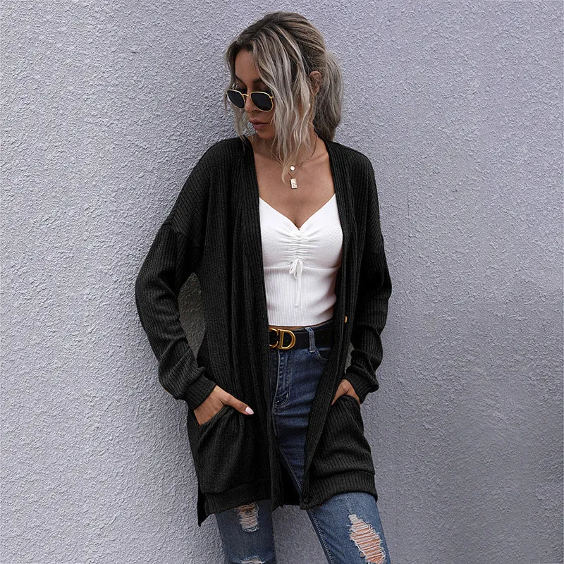 Damen Langer Oversize Strickcardigan mit Strukturstrick, offenen Taschen und lässigem Schnitt Nord Taschen