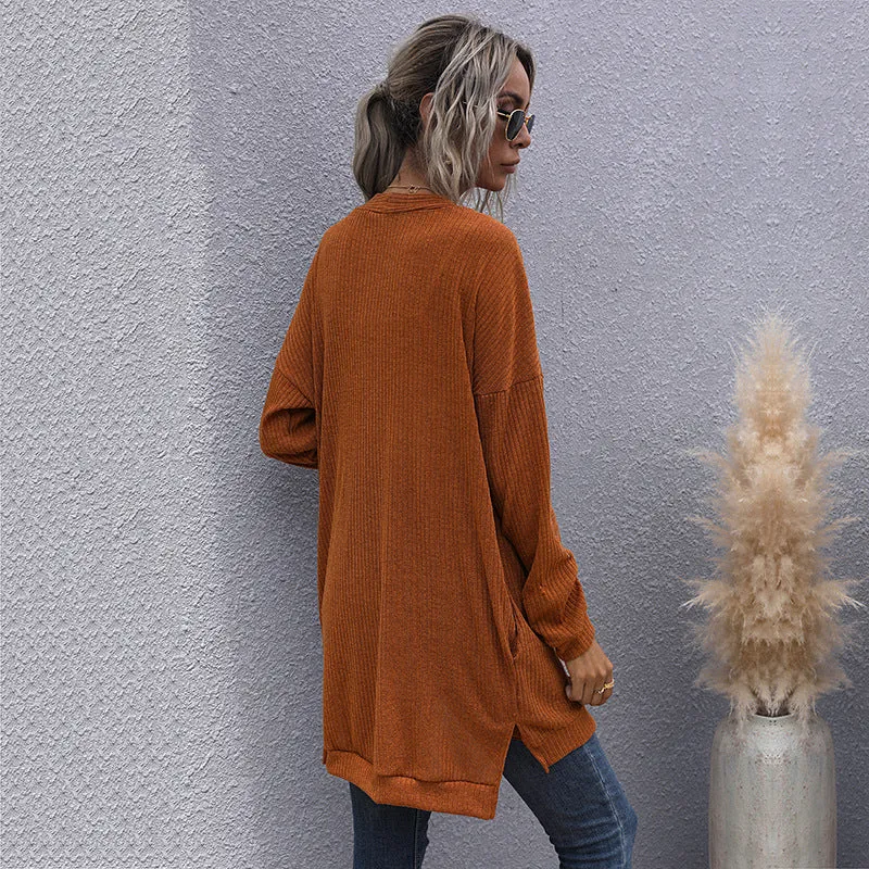 Damen Langer Oversize Strickcardigan mit Strukturstrick, offenen Taschen und lässigem Schnitt Nord Taschen