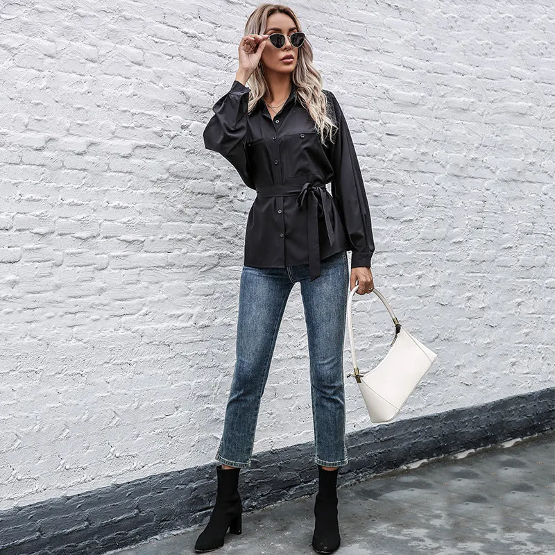 Damen Tailliertes Hemd mit Bindegürtel und Brusttaschen Nord Taschen