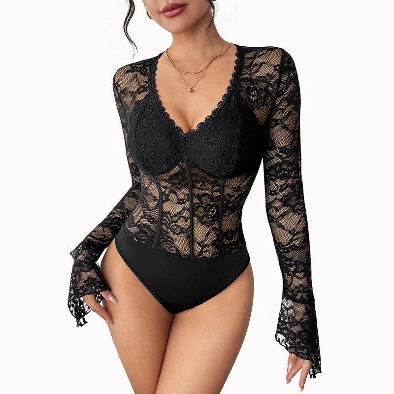 Damen Taillierter Spitzen-Corset-Body mit V-Ausschnitt, langen Trompetenärmeln und formenden Bügeln Nord Taschen