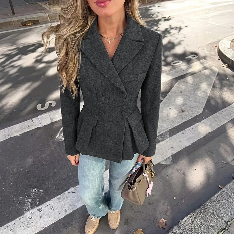 Damen Taillierter Doppelreihiger Blazer mit Schößchen, Kellerfalten & Pattentaschen Nord Taschen