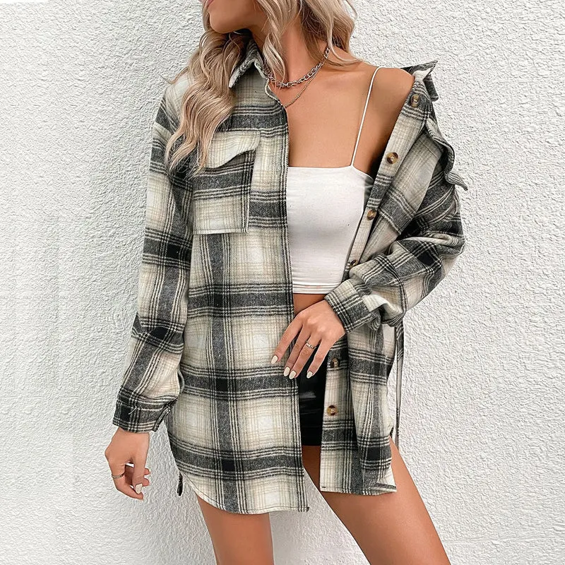 Damen Kariertes Longline-Hemdmantel mit Knopfleiste und Taillengürtel Nord Taschen