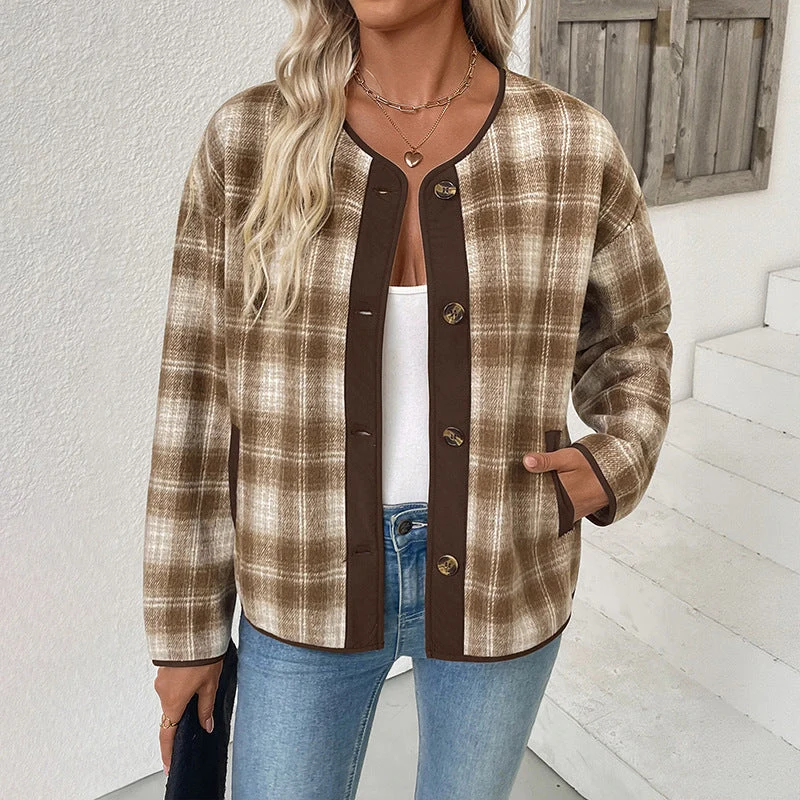 Damen Kariertes Übergangsjacke mit Rundhals, Kontrastbesatz und Knopfleiste Nord Taschen