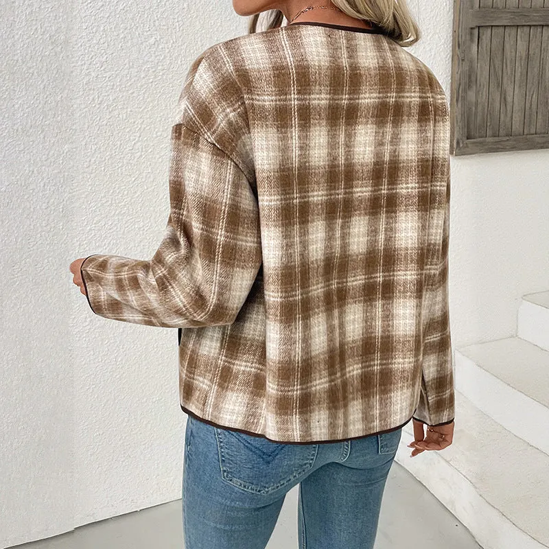 Damen Kariertes Übergangsjacke mit Rundhals, Kontrastbesatz und Knopfleiste Nord Taschen