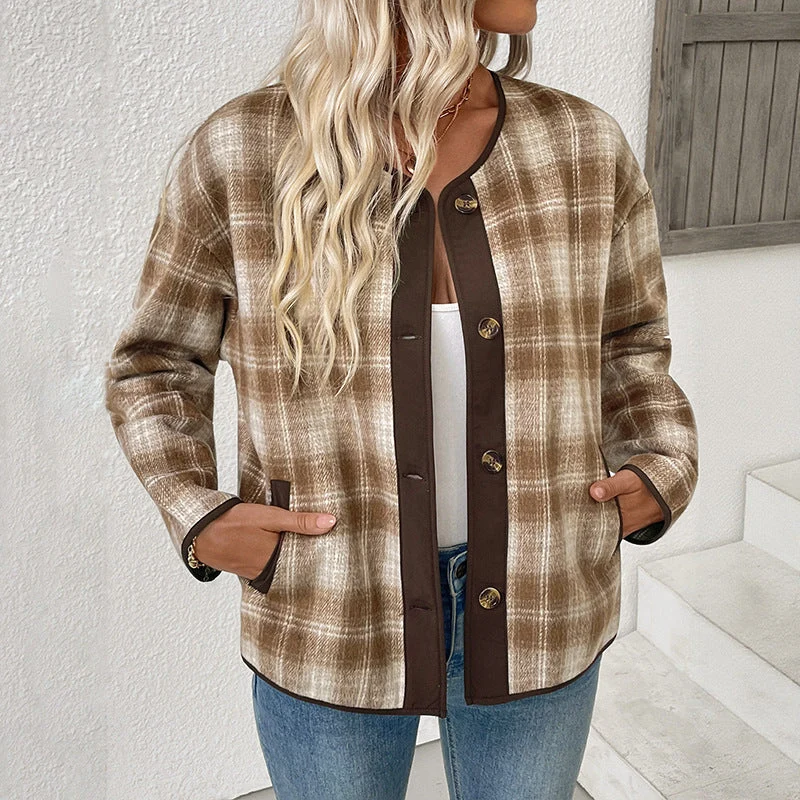 Damen Kariertes Übergangsjacke mit Rundhals, Kontrastbesatz und Knopfleiste Nord Taschen