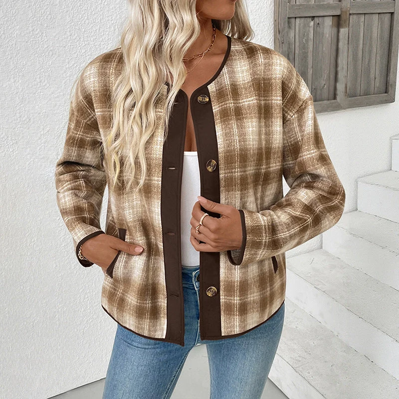 Damen Kariertes Übergangsjacke mit Rundhals, Kontrastbesatz und Knopfleiste Nord Taschen