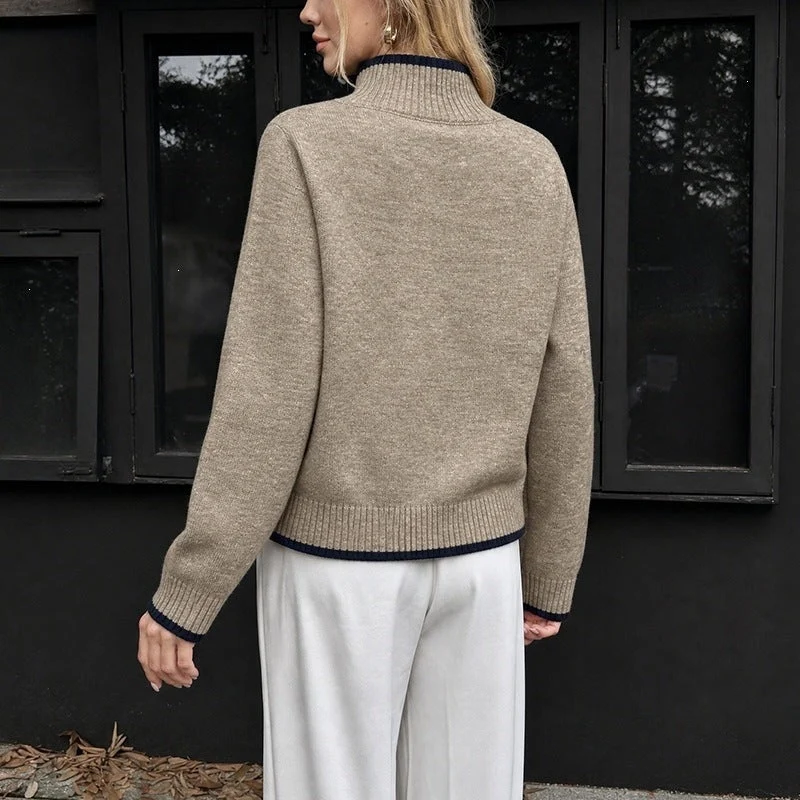 Damen Kaschmir-Optik Stehkragenpullover mit kontrastierten Bündchen Nord Taschen
