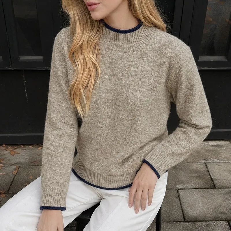 Damen Kaschmir-Optik Stehkragenpullover mit kontrastierten Bündchen Nord Taschen